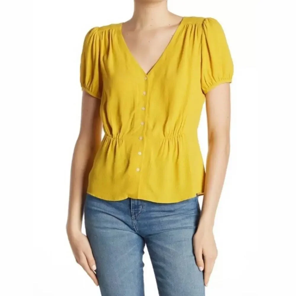 J. Crew Short Sleeve Button Peplum Blouse Yellow Size 4 Tall